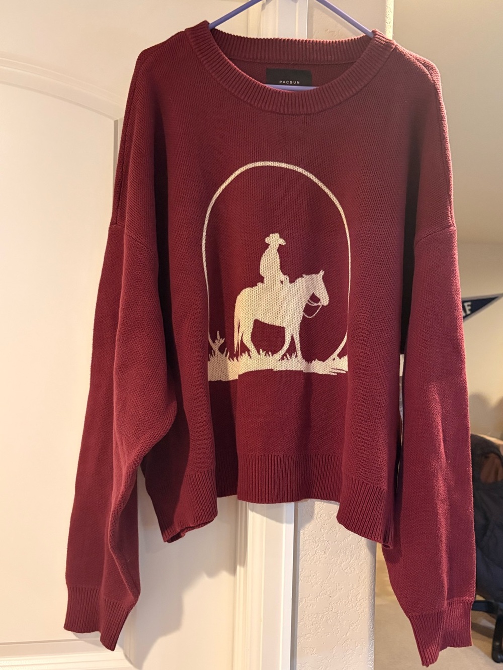 PacSun Burgundy Crewneck Sweater with Cream Horse Graphic